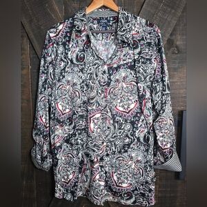 Chaps Black Paisley Button-Down No Iron 100% Cotton Shirt Size 2X